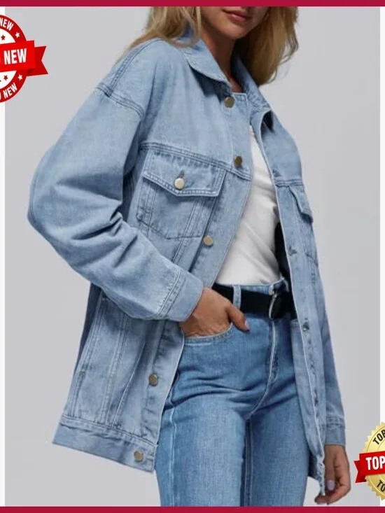 Oversized Denim Jacket, Boyfriend Fit, Cotton, Distressed Details, Chest Pockets - Picture 3 of 5